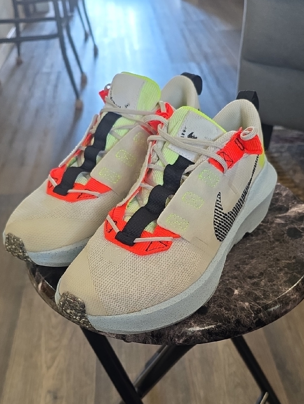 Nike Beige Running Sneakers with Neon Orange & Lime Accents Per Loved.